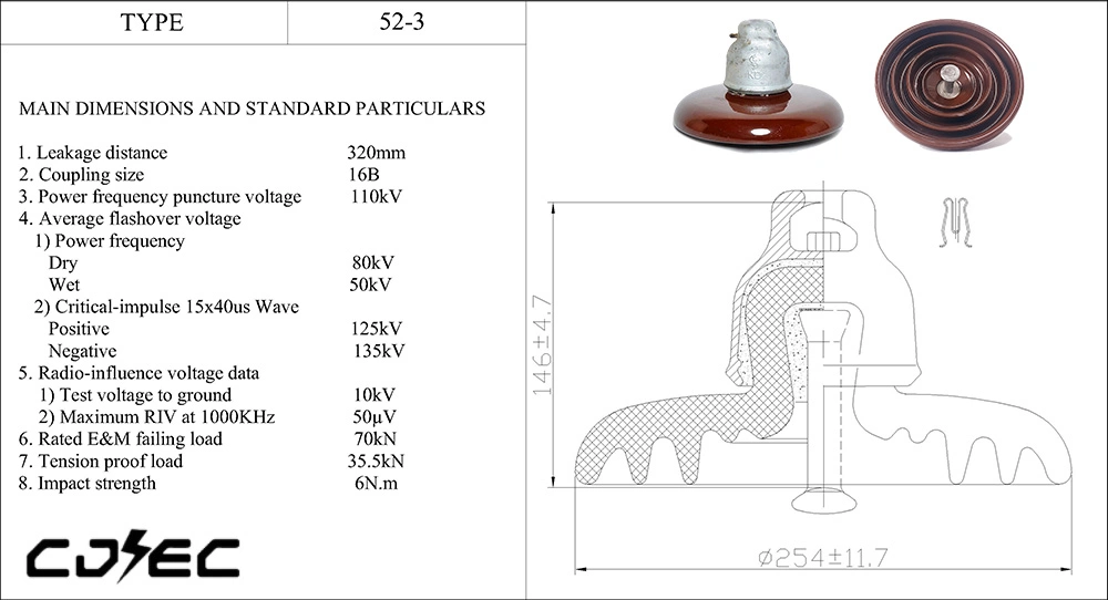 67kn ANSI 52-3 Ball and Socket Type Disc Suspension Porcelain Insulator