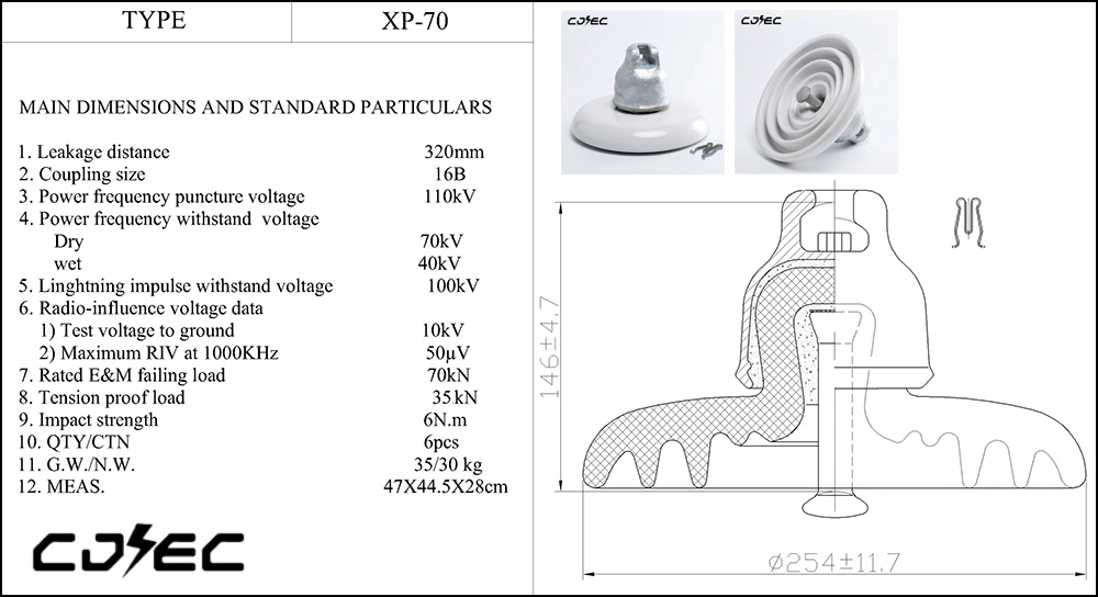 70kn U70bl Ball and Socket Type Disc Suspension Porcelain Insulator
